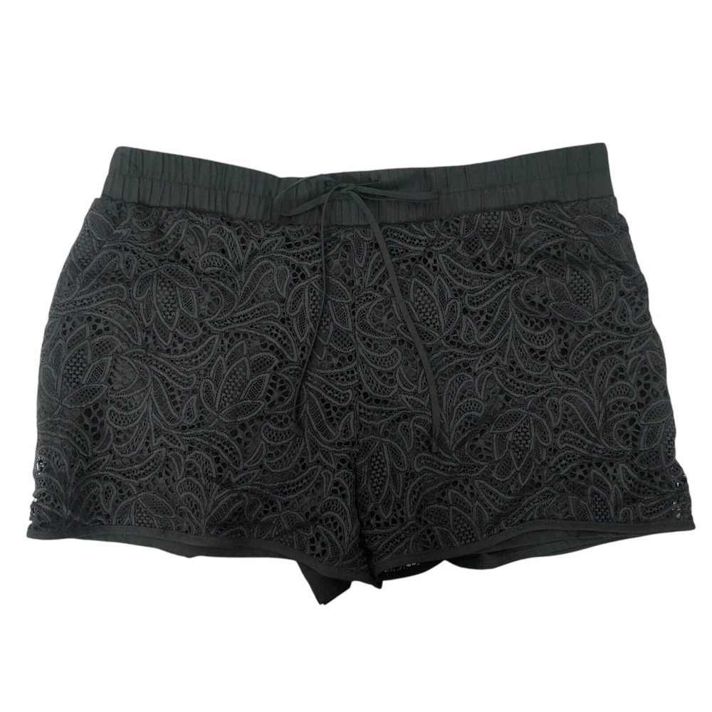 BEBE Floral Lace Overlay Drawstring Mini Shorts Size 8 Embroidered Tie Waist